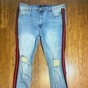 Men's Slim Straight Light Blue Jeans with Red & Black Side Stripe
